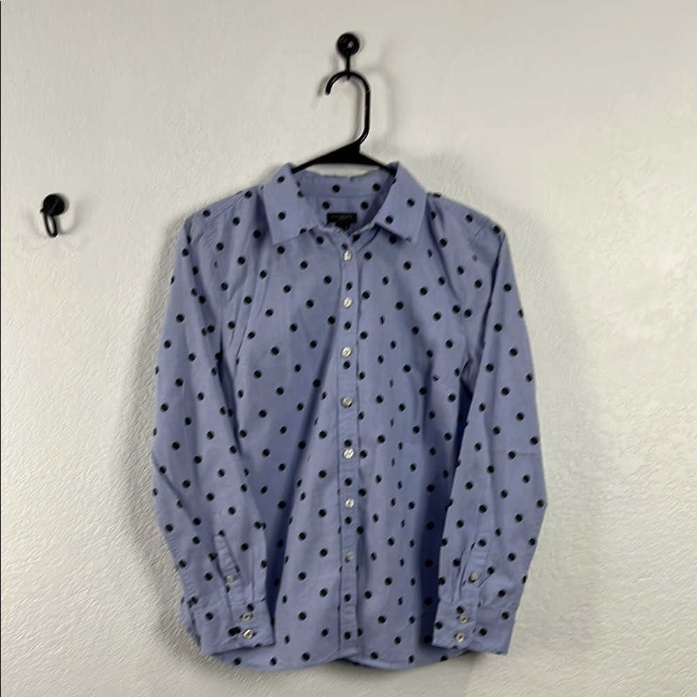 Talbots Petites Blue Black Dots Casual Button Down Shirt Cotton Sz Sp TC0699
